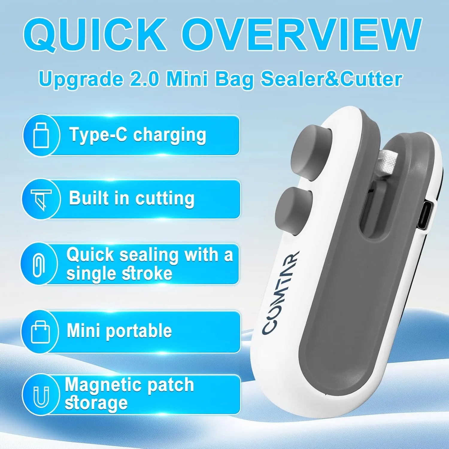 Mini Bag Sealer, Upgraded 2 in 1 Heat Sealer&Cutter, Rechargeable USB C Bag Sealer Heat Seal Machine with Magnet, Portable Resealer Machine Sealer for Plastic Bags Chip Storage Snacks Freshness