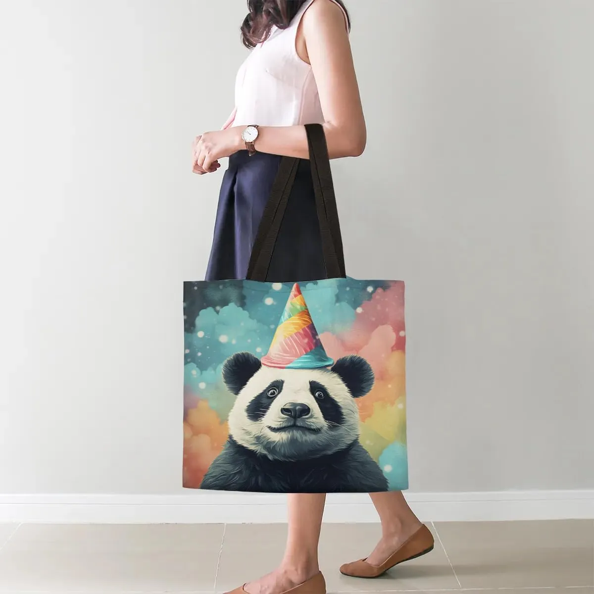 Panda Colorful Couds Cone Hat Canvas Tote Bag for Women Men Stylish Tote Handbag Shoulder Bag Reusable Grocery Bag