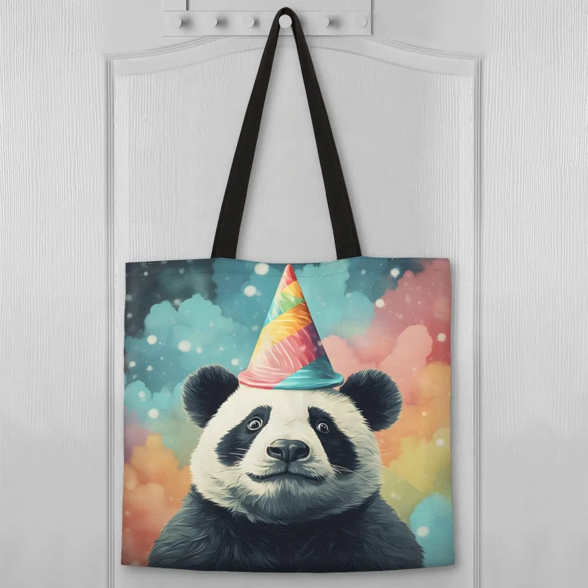Panda Colorful Couds Cone Hat Canvas Tote Bag for Women Men Stylish Tote Handbag Shoulder Bag Reusable Grocery Bag