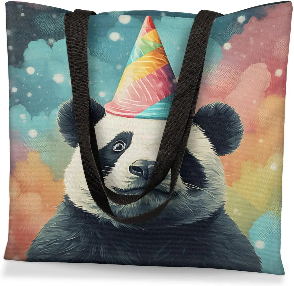 Panda Colorful Couds Cone Hat Canvas Tote Bag for Women Men Stylish Tote Handbag Shoulder Bag Reusable Grocery Bag