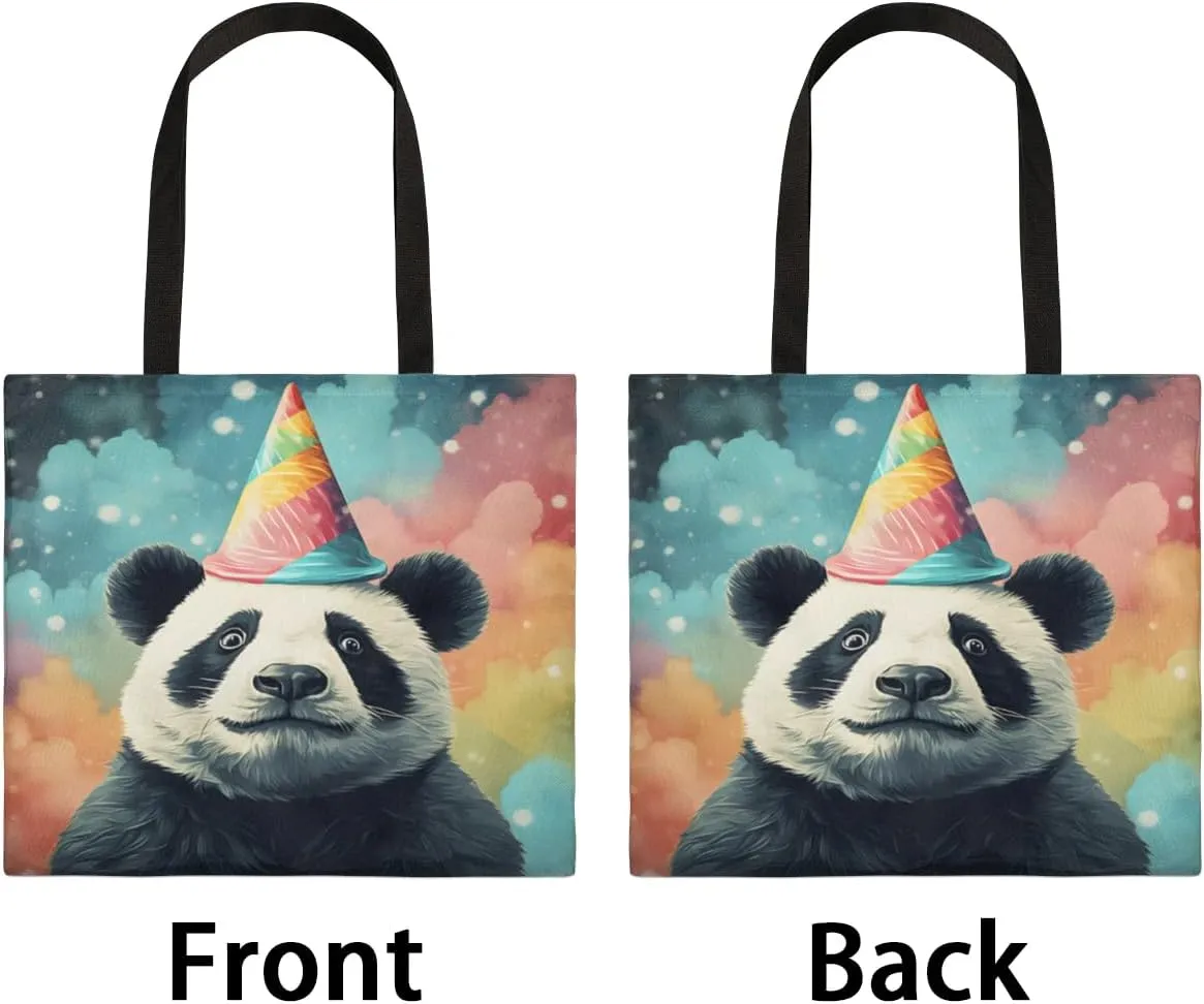 Panda Colorful Couds Cone Hat Canvas Tote Bag for Women Men Stylish Tote Handbag Shoulder Bag Reusable Grocery Bag