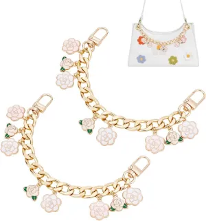 PH PandaHall Golden Purse Extender, 2pcs 4.2 Inch Short Bag Strap Alloy Bag Chain Strap with Pink Enamel Flower Pendant Replacement Handle Bag Chain Straps Charms for Women Crossbody Shoulder Bag