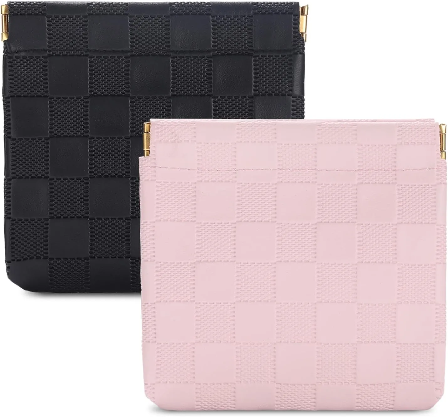 Sightor 2PCS Small Makeup Bag for Purse, Mini Cosmetic Bag Waterproof Pouch for Women, Checkered Purse Self-closing Coin Lipstick Small Leather Cosmetic Pouch (Black, Pink)