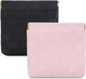 Sightor 2PCS Small Makeup Bag for Purse, Mini Cosmetic Bag Waterproof Pouch for Women, Checkered Purse Self-closing Coin Lipstick Small Leather Cosmetic Pouch (Black, Pink)