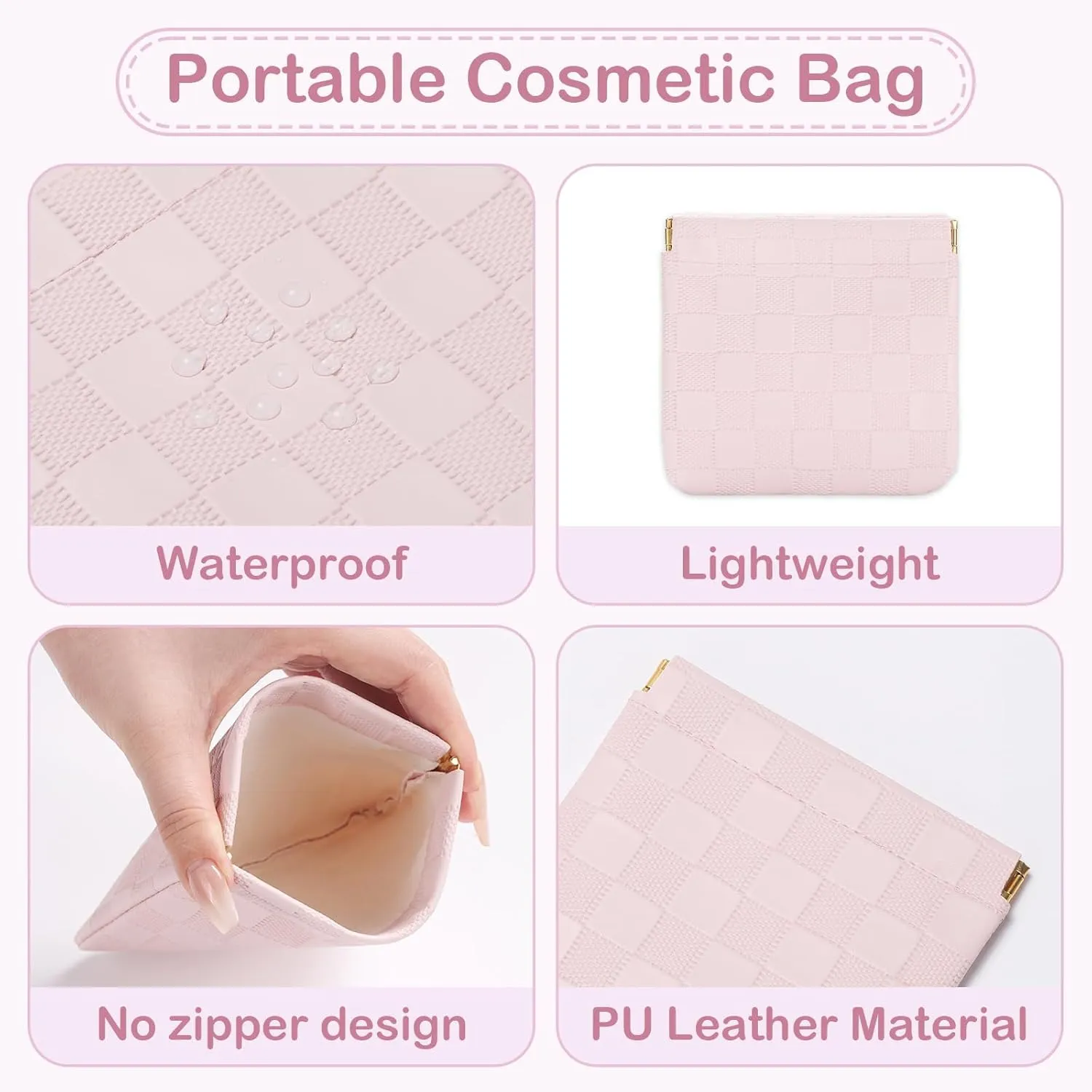 Sightor 2PCS Small Makeup Bag for Purse, Mini Cosmetic Bag Waterproof Pouch for Women, Checkered Purse Self-closing Coin Lipstick Small Leather Cosmetic Pouch (Black, Pink)
