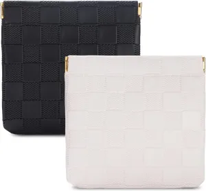 Sightor 2PCS Small Makeup Bag for Purse, Mini Cosmetic Bag Waterproof Pouch for Women, Checkered Purse Self-closing Coin Lipstick Small Leather Cosmetic Pouch (Black, White)
