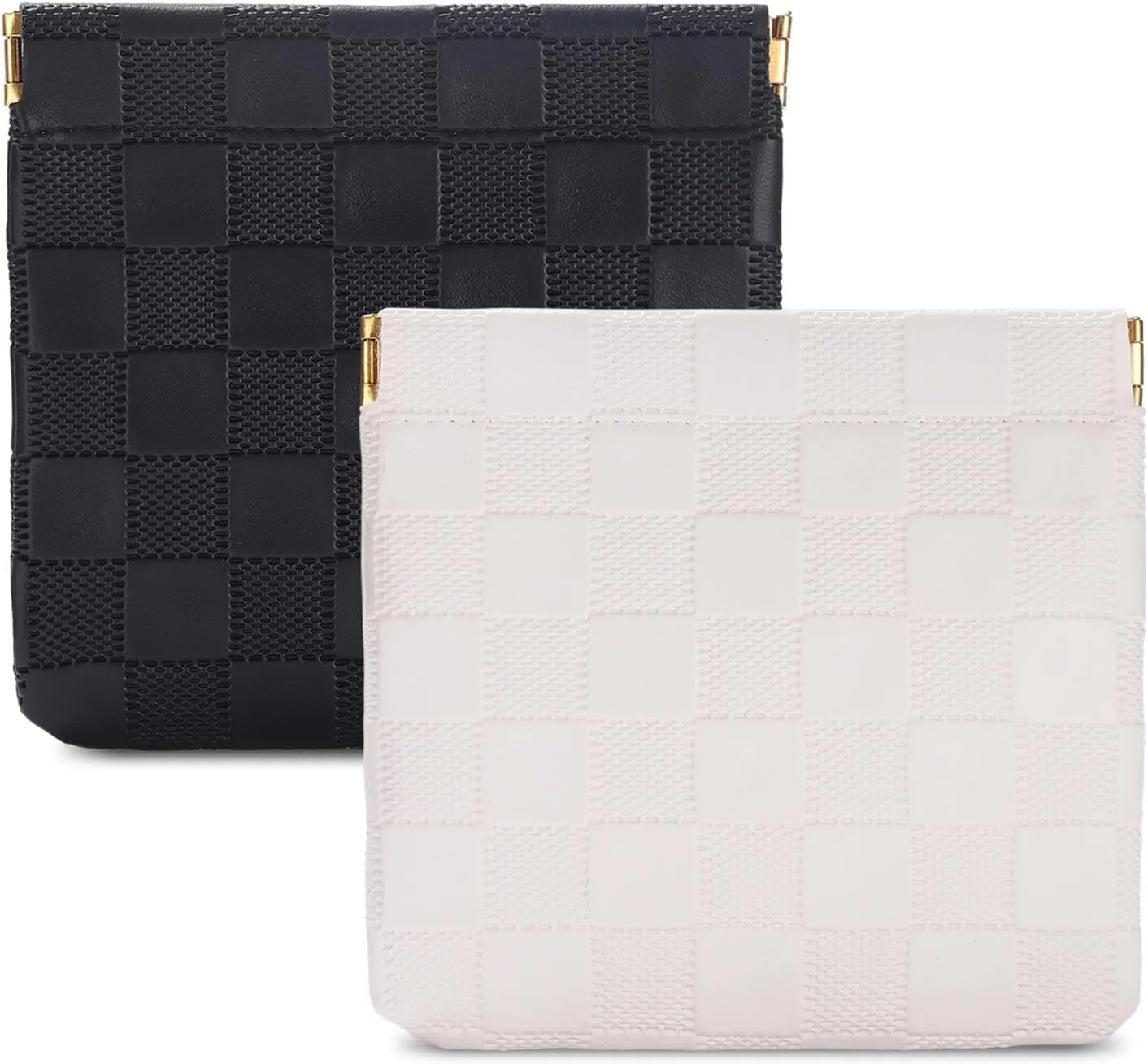 Sightor 2PCS Small Makeup Bag for Purse, Mini Cosmetic Bag Waterproof Pouch for Women, Checkered Purse Self-closing Coin Lipstick Small Leather Cosmetic Pouch (Black, White)