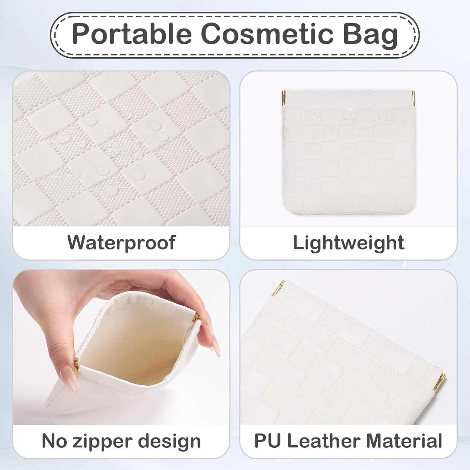 Sightor 2PCS Small Makeup Bag for Purse, Mini Cosmetic Bag Waterproof Pouch for Women, Checkered Purse Self-closing Coin Lipstick Small Leather Cosmetic Pouch (Black, White)