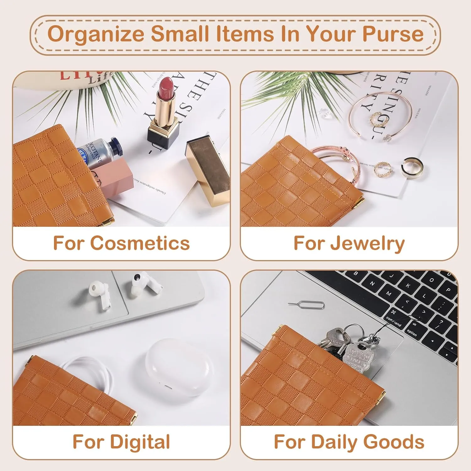 Sightor 2PCS Small Makeup Bag for Purse, Mini Cosmetic Bag Waterproof Pouch for Women, Checkered Purse Self-closing Coin Lipstick Small Leather Cosmetic Pouch (Brown, Beige)