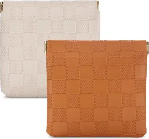 Sightor 2PCS Small Makeup Bag for Purse, Mini Cosmetic Bag Waterproof Pouch for Women, Checkered Purse Self-closing Coin Lipstick Small Leather Cosmetic Pouch (Brown, Beige)