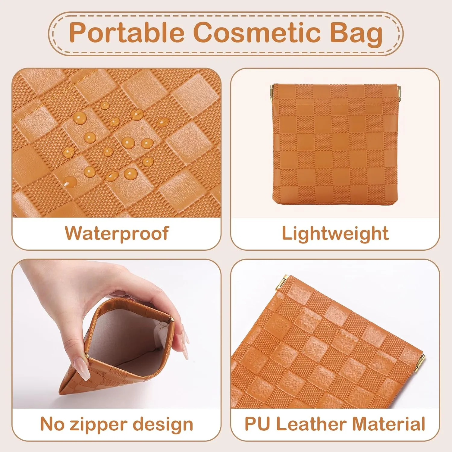 Sightor 2PCS Small Makeup Bag for Purse, Mini Cosmetic Bag Waterproof Pouch for Women, Checkered Purse Self-closing Coin Lipstick Small Leather Cosmetic Pouch (Brown, Beige)