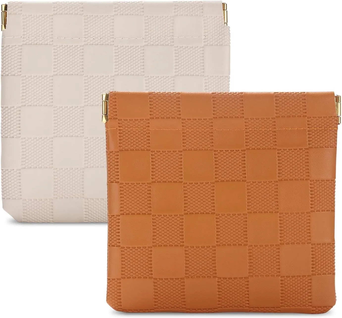 Sightor 2PCS Small Makeup Bag for Purse, Mini Cosmetic Bag Waterproof Pouch for Women, Checkered Purse Self-closing Coin Lipstick Small Leather Cosmetic Pouch (Brown, Beige)