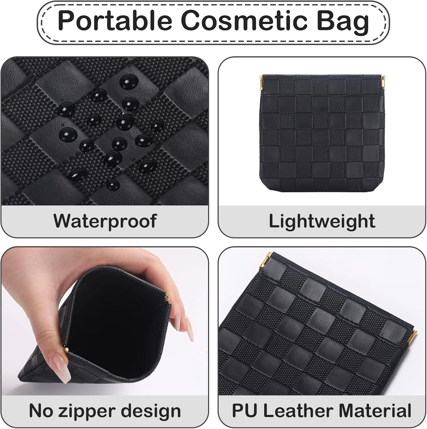 Sightor 2PCS Small Makeup Bag for Purse, Mini Cosmetic Bag Waterproof Pouch for Women, Checkered Purse Self-closing Small Travel Kit Coin Lipstick Cosmetic Storage Bag (Black, Beige)