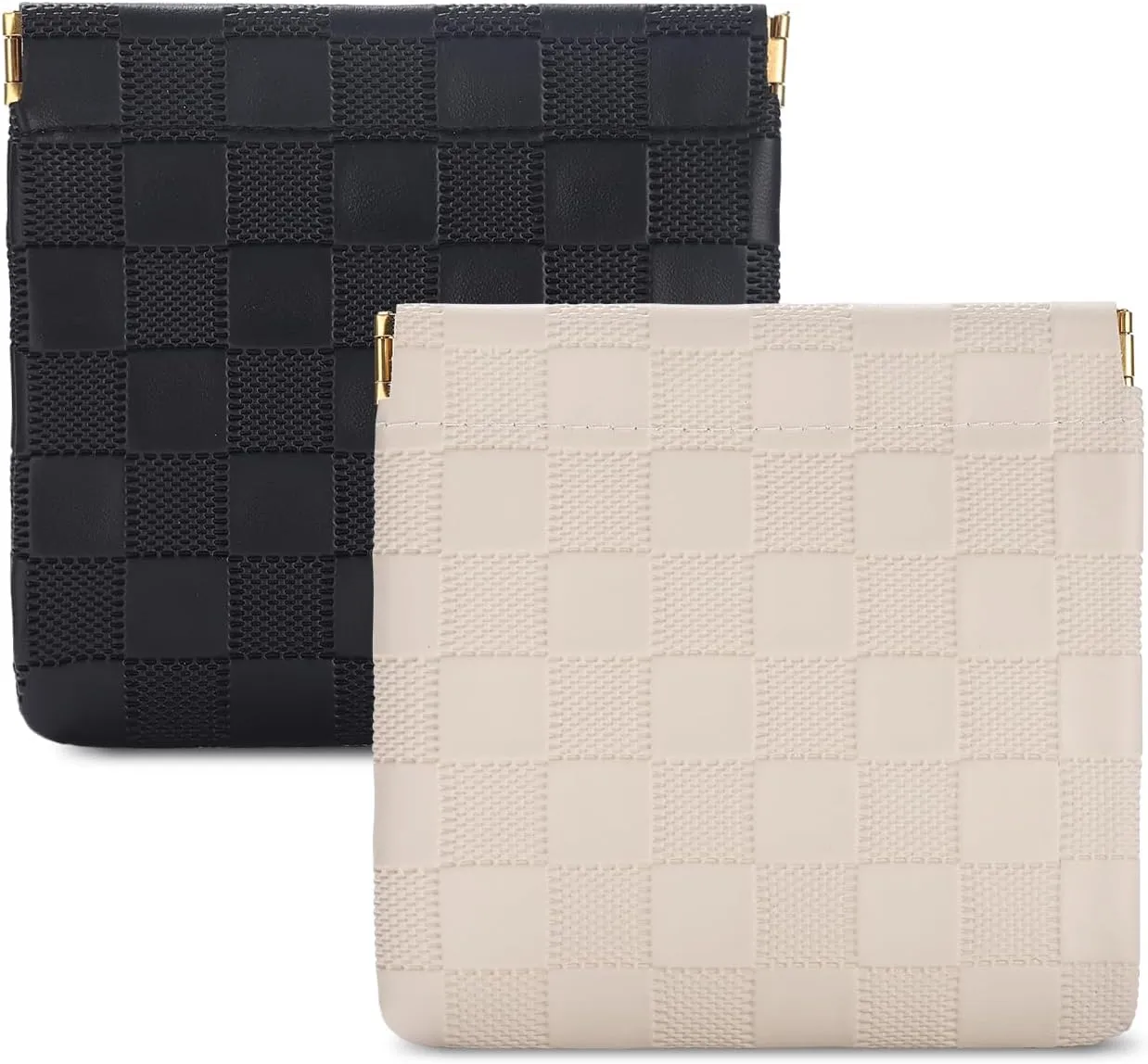 Sightor 2PCS Small Makeup Bag for Purse, Mini Cosmetic Bag Waterproof Pouch for Women, Checkered Purse Self-closing Small Travel Kit Coin Lipstick Cosmetic Storage Bag (Black, Beige)