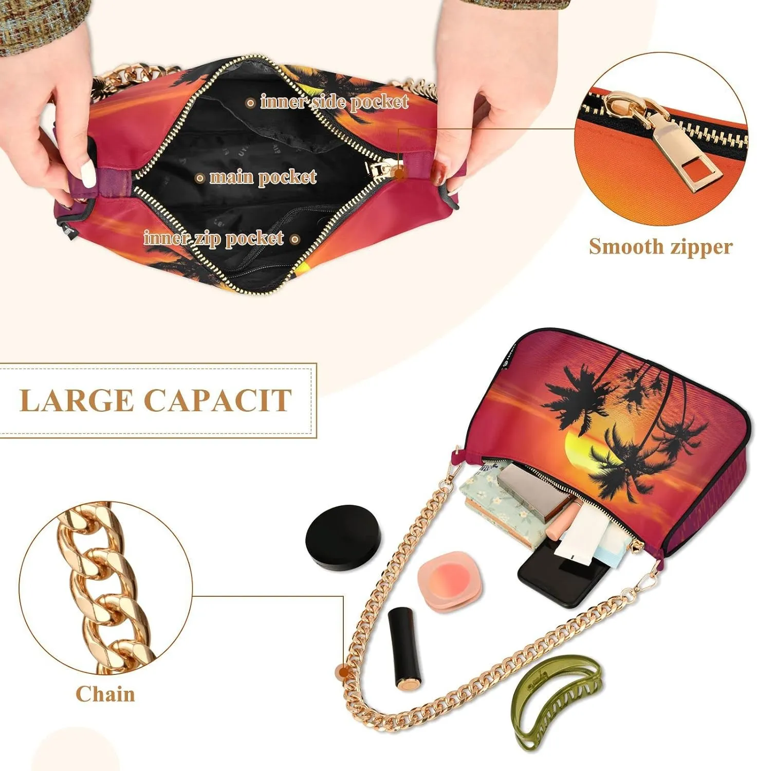 Small Chain Shoulder Bag for Women Travel Hobo Tote Handbag Clutch Purse with Zipper