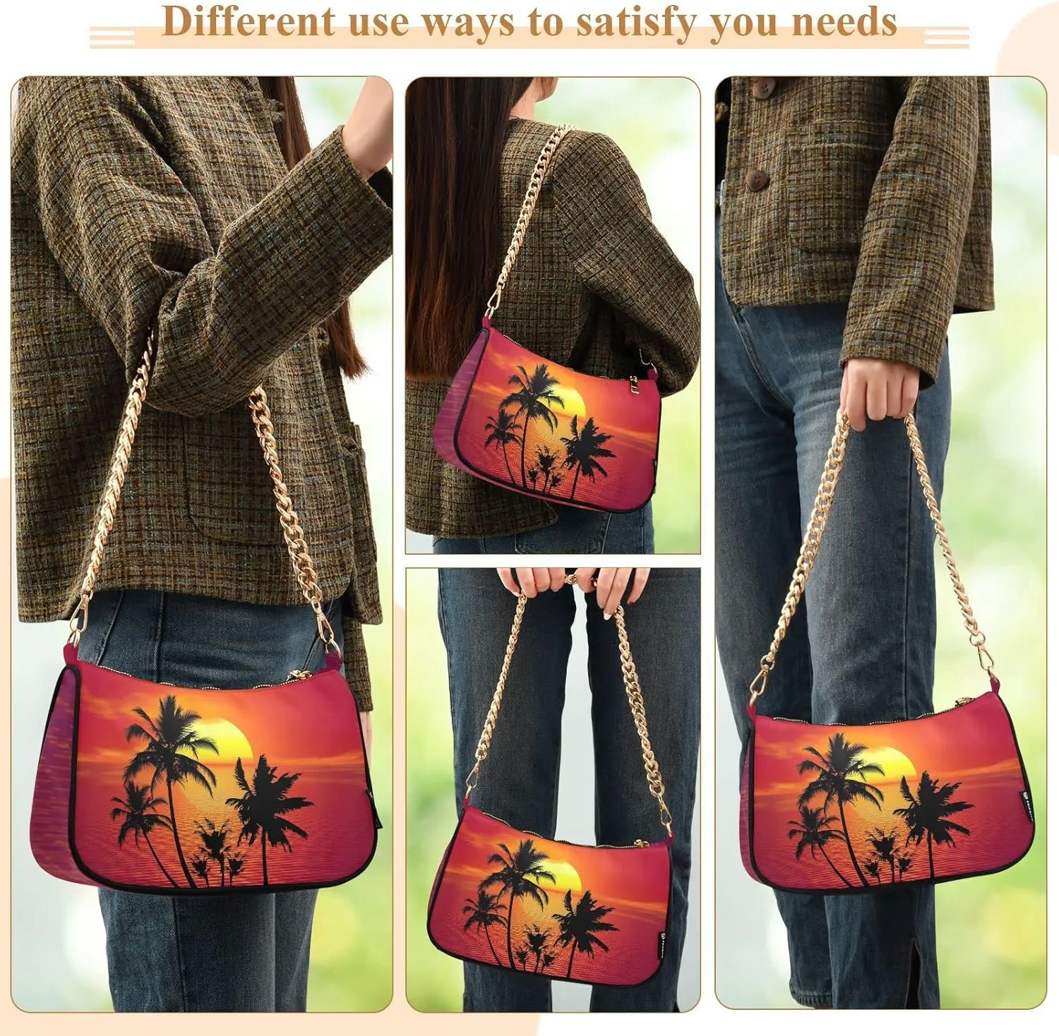 Small Chain Shoulder Bag for Women Travel Hobo Tote Handbag Clutch Purse with Zipper