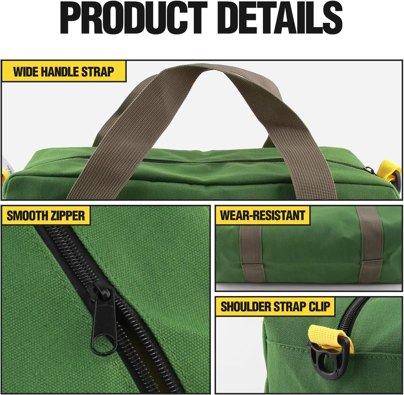 Small Tool Bag, Canvas Tool Storage Bag, Large Capacity Multipurpose Zipper Soft Tote Organizer Pouch, for Electrician, Plumbing, Gardening,Tools Bags for Men (Green, 13 Inch)
