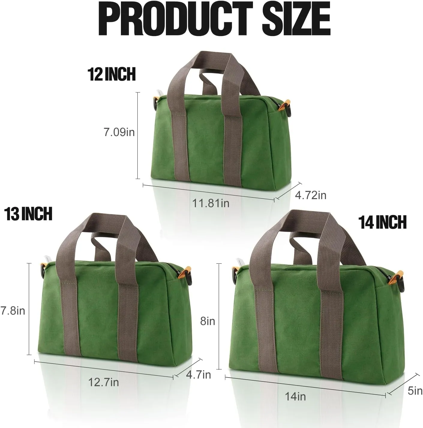 Small Tool Bag, Canvas Tool Storage Bag, Large Capacity Multipurpose Zipper Soft Tote Organizer Pouch, for Electrician, Plumbing, Gardening,Tools Bags for Men (Green, 13 Inch)