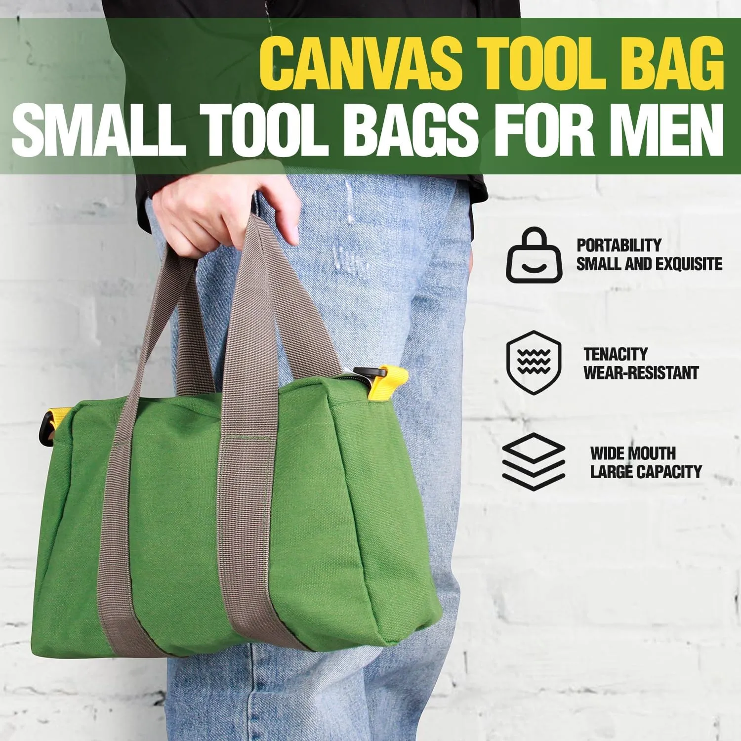 Small Tool Bag, Canvas Tool Storage Bag, Large Capacity Multipurpose Zipper Soft Tote Organizer Pouch, for Electrician, Plumbing, Gardening,Tools Bags for Men (Green, 13 Inch)