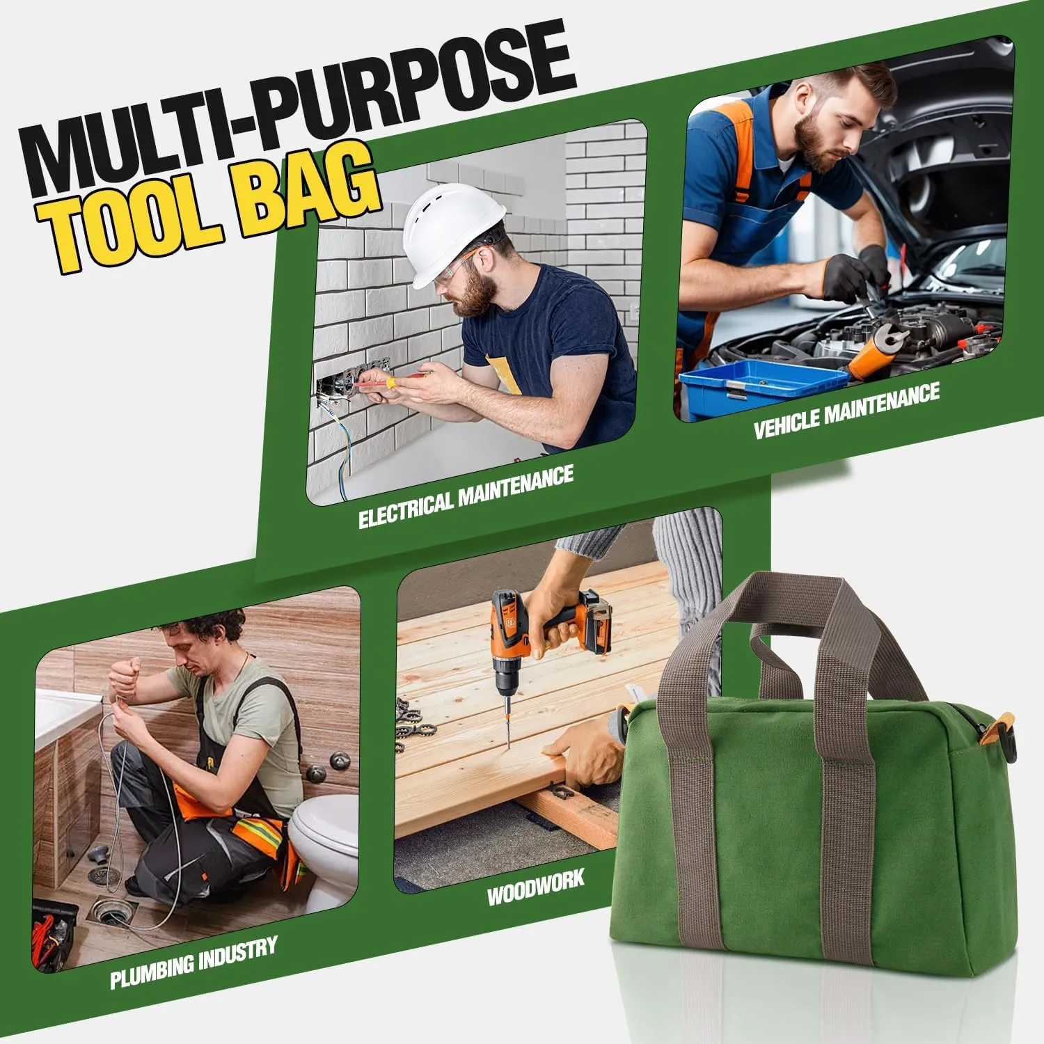 Small Tool Bag, Canvas Tool Storage Bag, Large Capacity Multipurpose Zipper Soft Tote Organizer Pouch, for Electrician, Plumbing, Gardening,Tools Bags for Men (Green, 13 Inch)