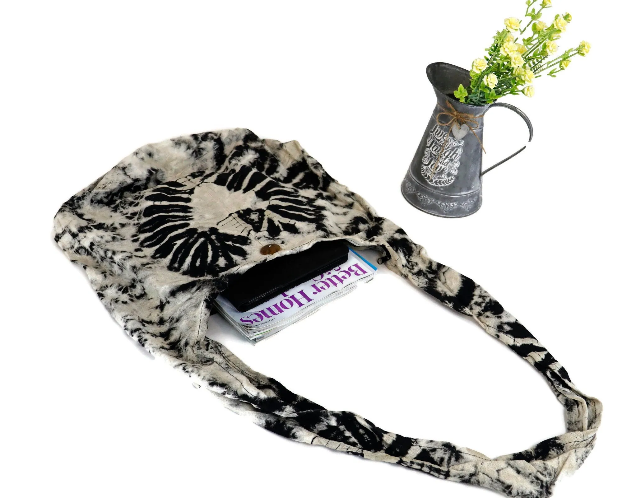 Tie Dye Bag Purse Hobo Crossbody Sling Hobo Shoulder cotton Messenger Bags Top Zip Festival Heart Black off-white