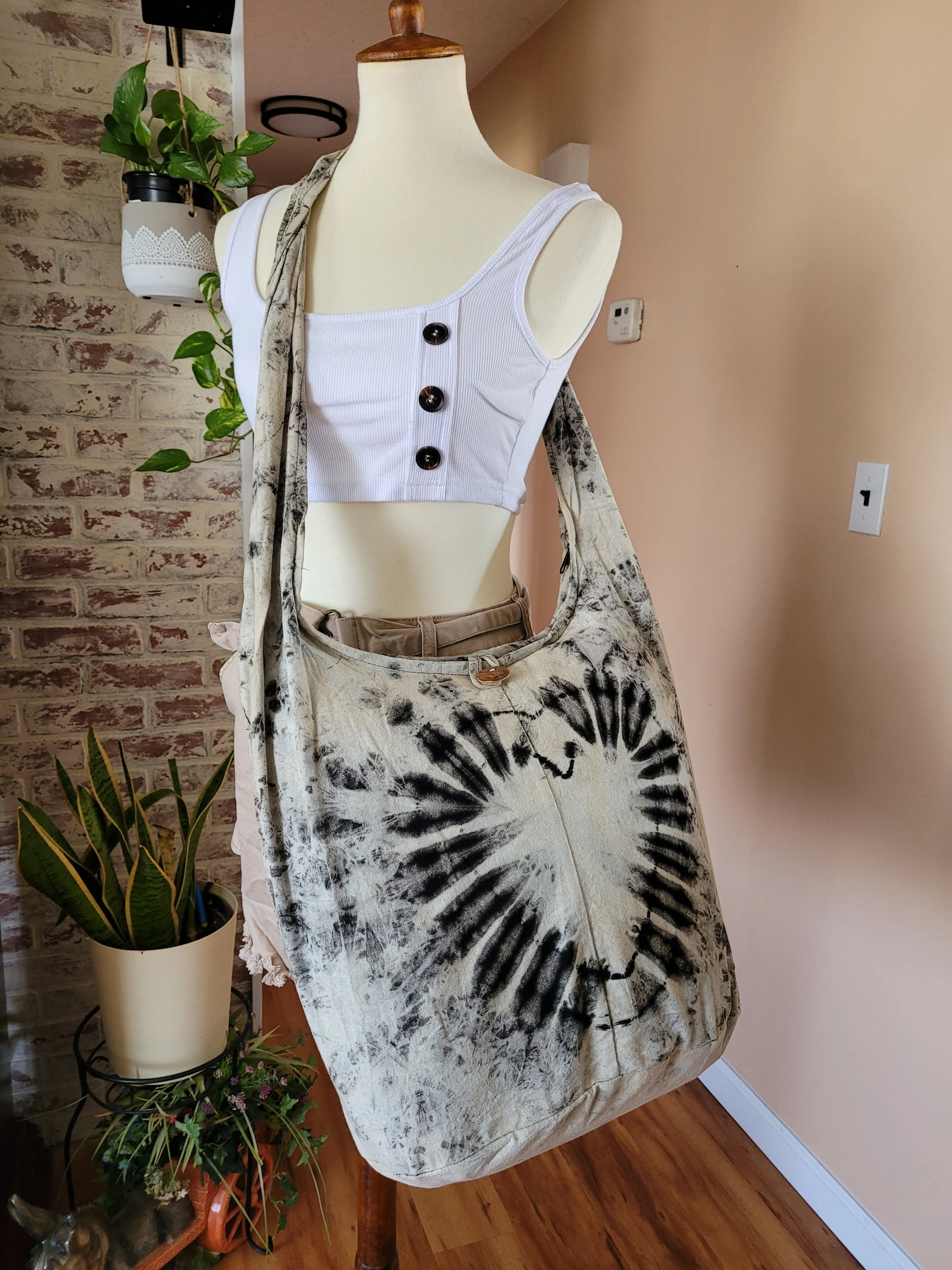 Tie Dye Bag Purse Hobo Crossbody Sling Hobo Shoulder cotton Messenger Bags Top Zip Festival Heart Black off-white