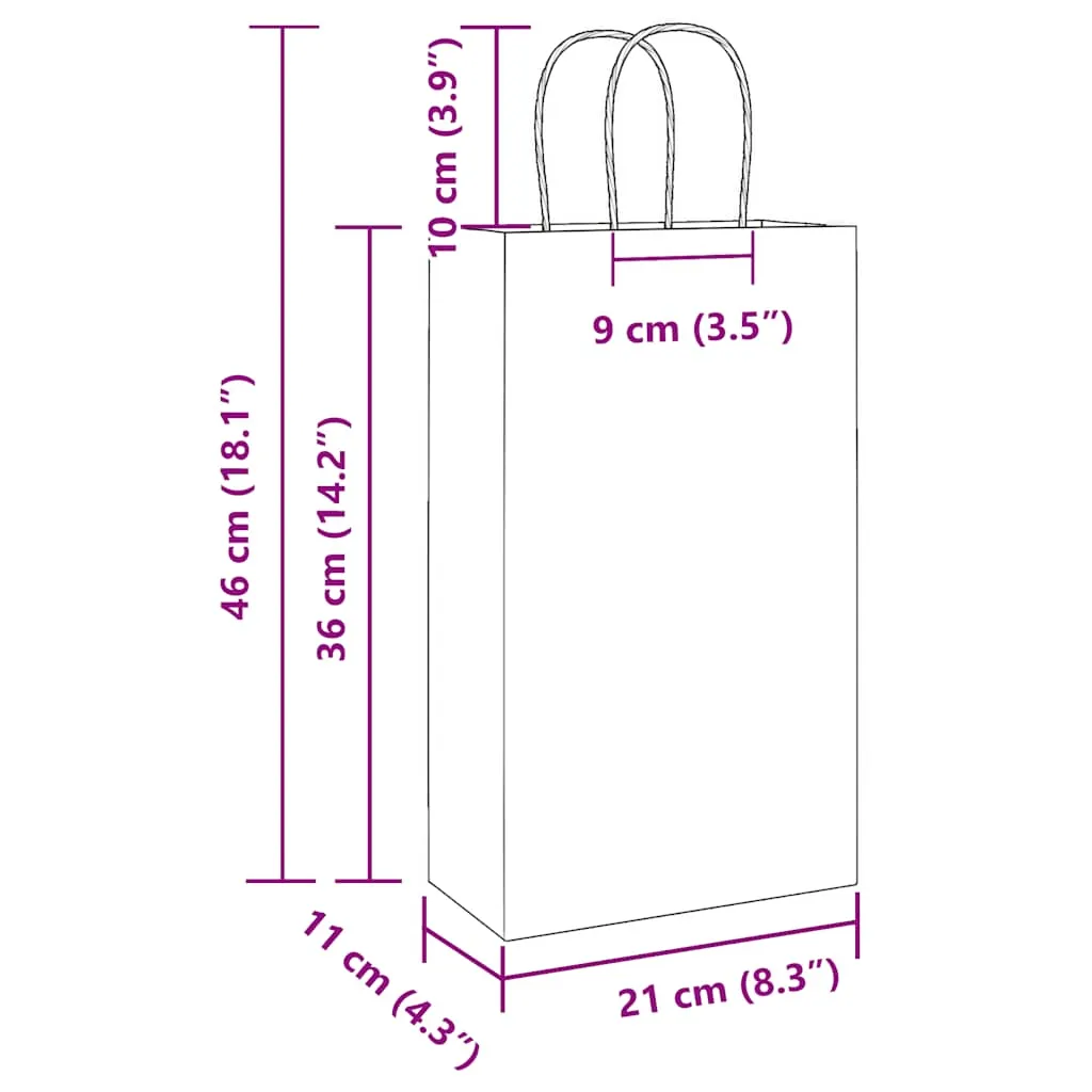 vidaXL Paper Bags 250 pcs with Handles Yellow 21x11x36 cm