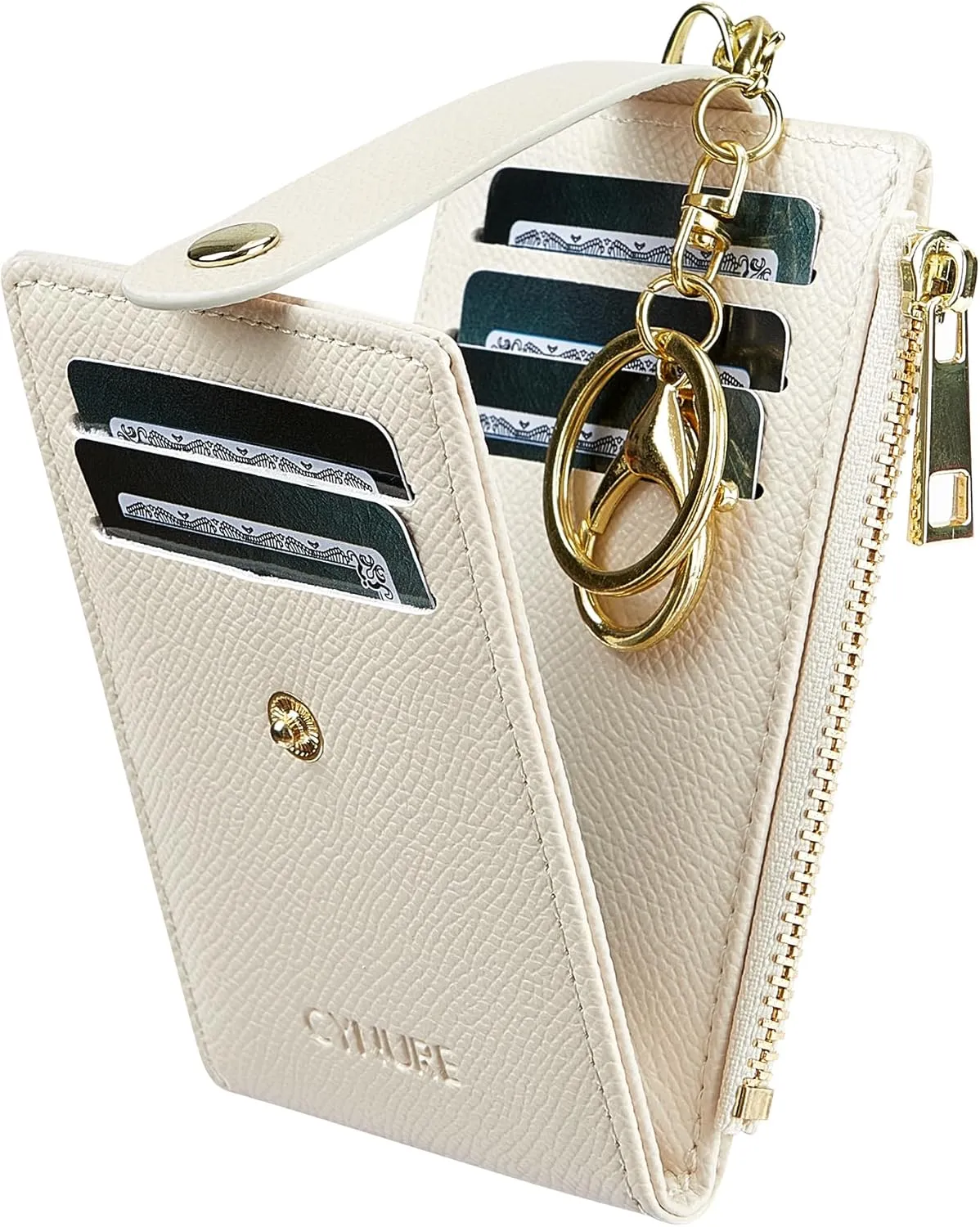 Women & Men Leather RFID Blocking Card Holder Slim Small Zipper Keychain Front Pocket Wallet with 2 ID Window,