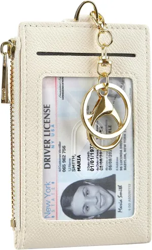 Women & Men Leather RFID Blocking Card Holder Slim Small Zipper Keychain Front Pocket Wallet with 2 ID Window,