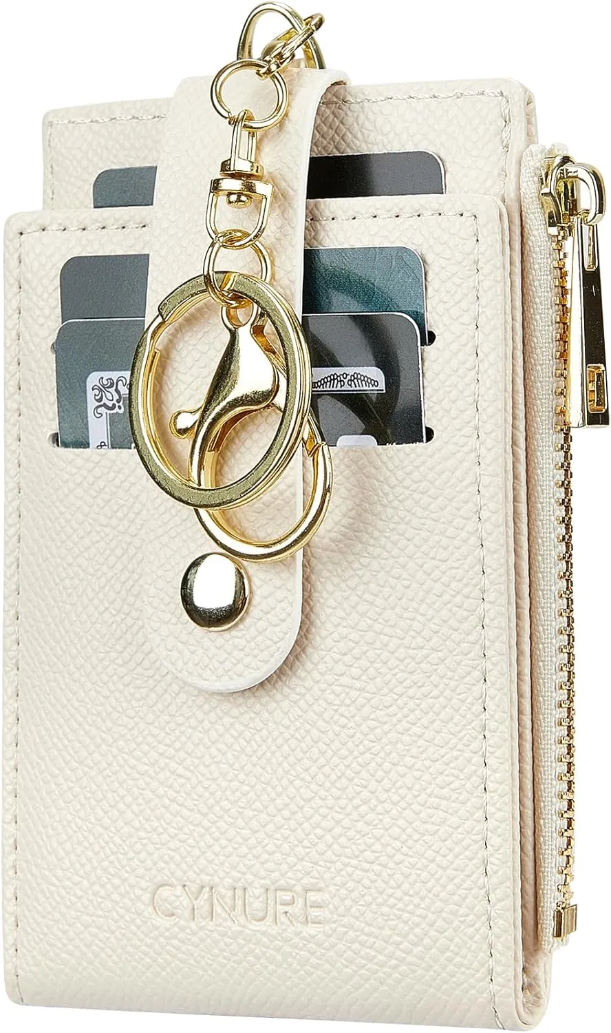 Women & Men Leather RFID Blocking Card Holder Slim Small Zipper Keychain Front Pocket Wallet with 2 ID Window,