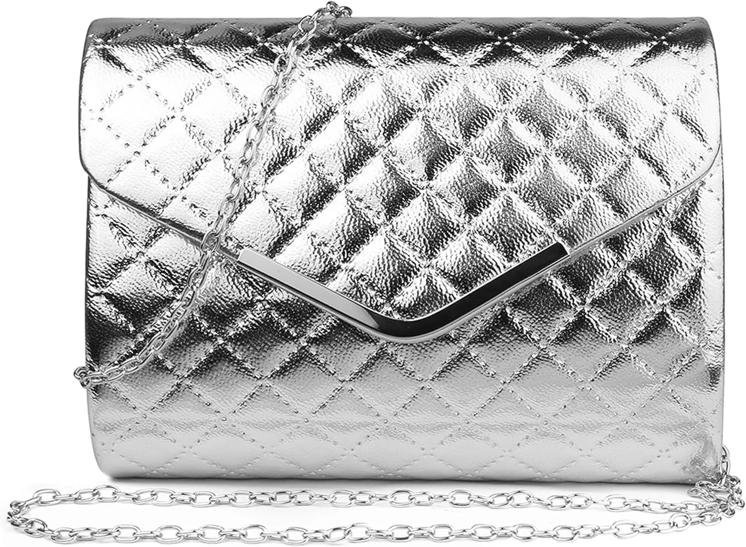 Women Evening Bag Envelope Clutch Purse with Silver Chain for iPhone 13, 13 Pro, 13 Pro Max, 12, 12 Pro, 12 Pro Max