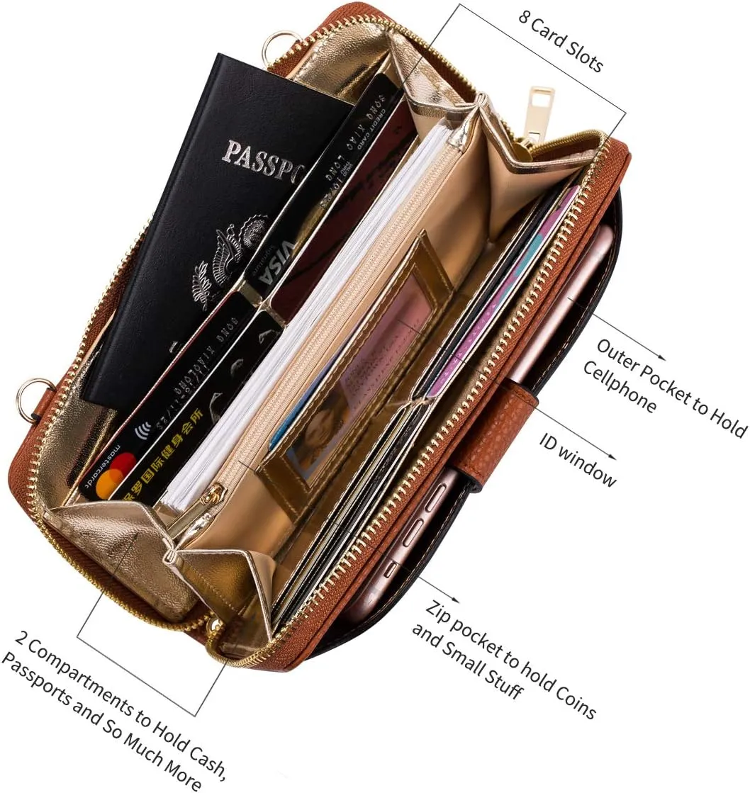 Womens Wristlet Wallet Crossbody Bag Cellphone Purse Handbag RFID Card Slots 2 Strap Wrist