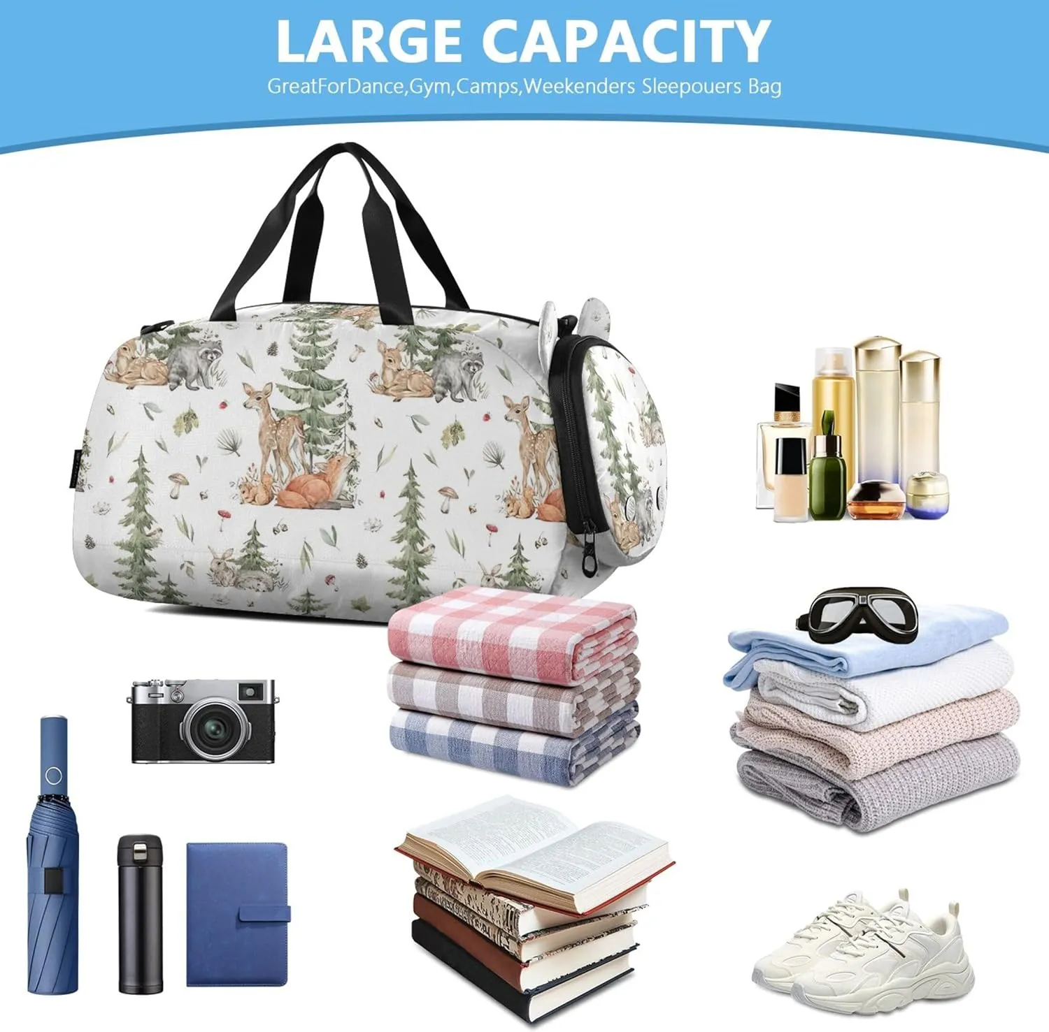 Woodland Creatures Vintage Girls Duffle Bags Travel Tote Toddler Weekender Bags Carry on Duffel for Boys Dance Kids Luggage
