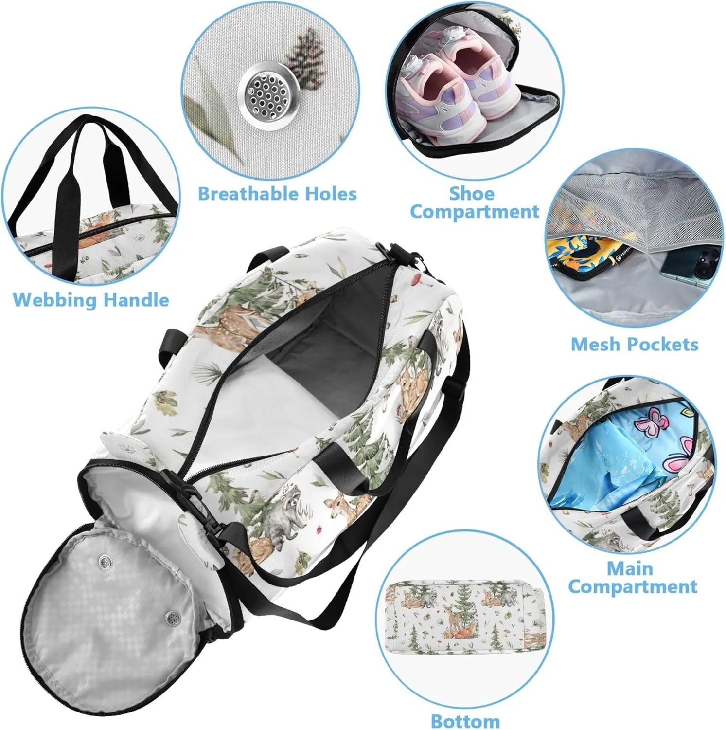 Woodland Creatures Vintage Girls Duffle Bags Travel Tote Toddler Weekender Bags Carry on Duffel for Boys Dance Kids Luggage
